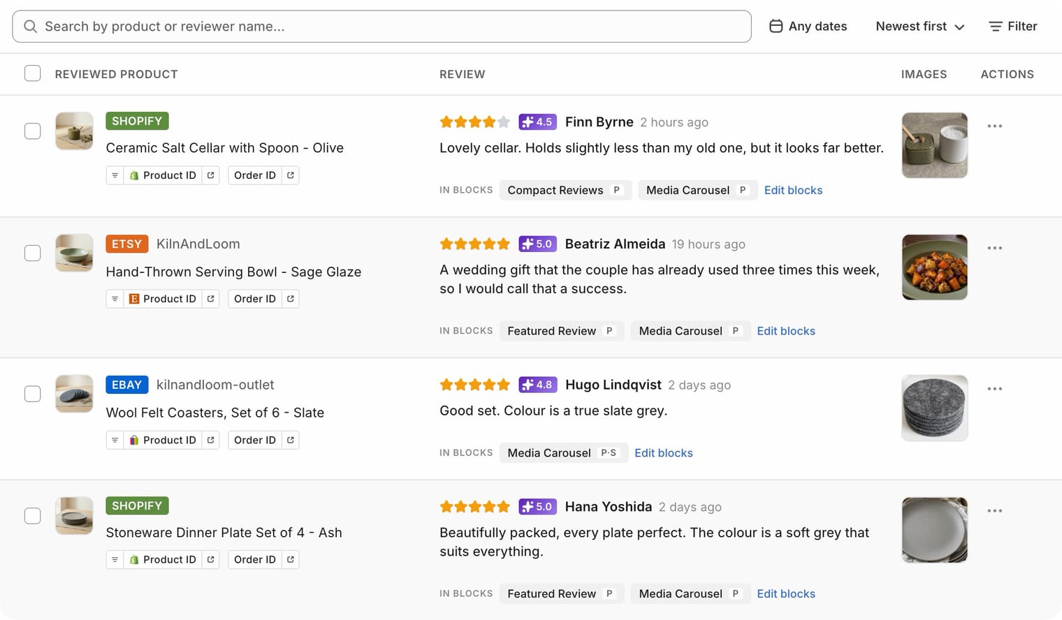 Reviews from Etsy, eBay and Shopify in one list, each with stars and an AI rating