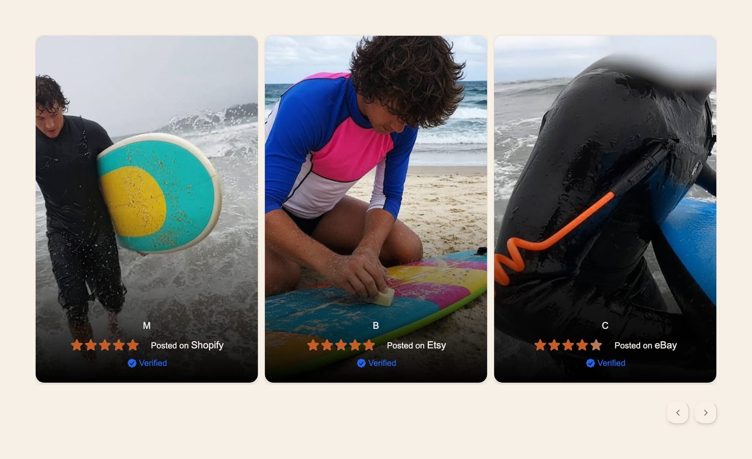 Media carousel of bodyboard and surfboard photo reviews