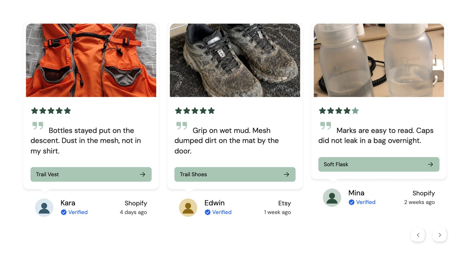 A review carousel on a product page, with photos and star ratings.